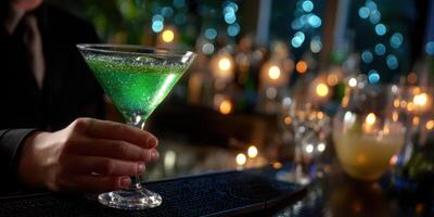 Bartender serves vibrant green cocktail at a dimly lit bar during evening hours photo