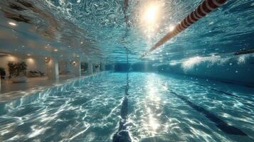 Indoor swimming pool illuminated by sunlight with clear blue water and reflections in a serene environment photo