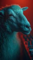Sheep interacts with a music mixer in a creatively lit studio environment photo