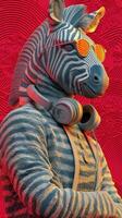 Stylish zebra wearing headphones and sunglasses poses confidently against a vibrant red background photo