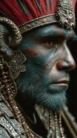 Incredible tribal warrior adorned with intricate jewelry and vibrant face paint preparing for an ancient ceremony photo