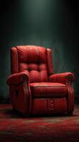 Red recliner chair with number 13 in a dimly lit room highlighting worn textures and dramatic shadows photo