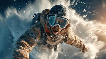 Snowboarder catching air in deep powder against a backdrop of a bright winter sky photo