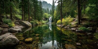Serene waterfall cascades into a tranquil pool surrounded by tall trees and mountains in a lush forest setting photo