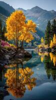 Autumn colors reflect in tranquil water at a scenic mountain landscape in the early morning photo