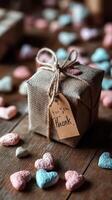Gift box wrapped in burlap with heart-shaped candies scattered on a wooden surface during a celebration photo