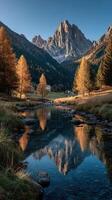 Majestic mountain landscape with autumn colors and serene river reflections in Dolomites, Italy during golden hour photo