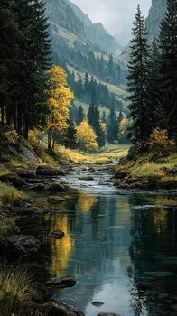 Serenity in the mountains with flowing river and autumn foliage reflecting in the water photo