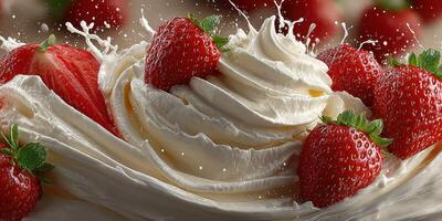 Delicious dessert topped with fresh strawberries and whipped cream showcases summer flavors at a local cafe photo