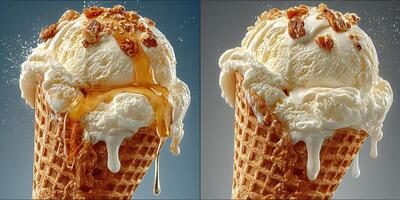 Delicious ice cream cones with syrup and toppings dripping during summer delight photo
