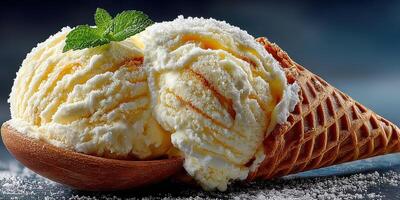 Delicious creamy vanilla ice cream served in a waffle cone with mint leaf garnish on a cool surface photo