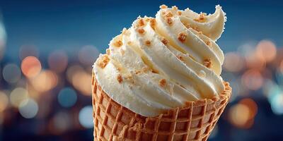 Delicious ice cream cone with creamy swirl on a summer evening in a vibrant cityscape background photo