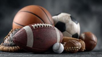 Diverse collection of sports balls displayed on a textured surface highlighting various popular sports photo