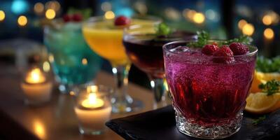 Colorful cocktails served on a bar table with candlelight and city lights in the background during a vibrant evening gathering photo