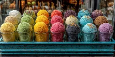 Colorful display of various ice cream flavors in glass jars at a dessert shop during a sunny day photo