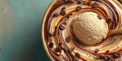 Creamy coffee ice cream swirled with chocolate and coffee beans in a bowl photo