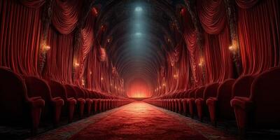 Elegant theater interior with rich red decor and illuminated stage at night photo