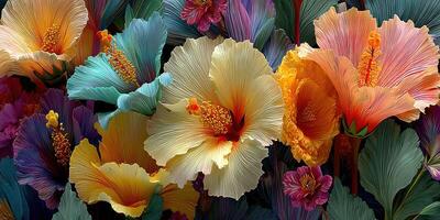 Vibrant display of colorful hibiscus flowers in a lush tropical setting during midday photo