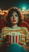 Watching a movie while enjoying popcorn in a cozy theater with warm lighting in the background photo