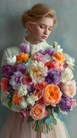 Beautiful woman holding a colorful bouquet of mixed flowers in soft lighting during a floral arrangement showcase photo