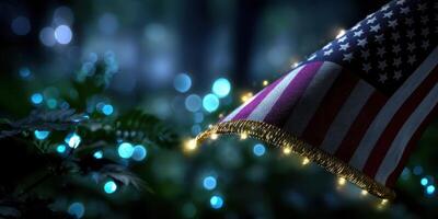 American flag illuminated by soft lights among foliage during twilight hours photo