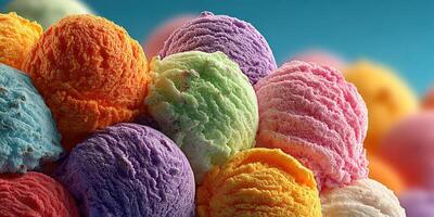 Colorful ice cream scoops create a vibrant display of flavors at a summer dessert event photo
