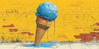 Giant melting ice cream cone against vibrant yellow brick wall in urban setting during sunny day photo