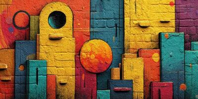 Colorful abstract mural showcasing geometric shapes and vibrant hues on a brick wall in an urban setting photo