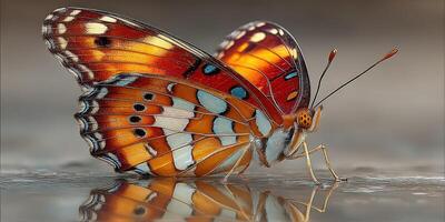 Colorful butterfly resting on a reflective surface in natural light during midday in a serene outdoor setting photo