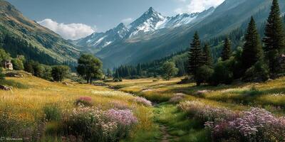 Breathtaking mountain landscape with colorful wildflowers in a tranquil valley during daylight photo