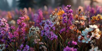 Colorful wildflowers bloom in abundance during the golden hour in a serene meadow photo