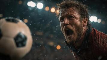Intense soccer player celebrates victory during rainy night match in an electrifying stadium atmosphere photo