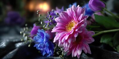 Colorful bouquet of flowers arranged on a dark surface with soft lighting in the background during a tranquil evening photo