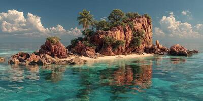 Tropical island landscape with lush greenery and clear turquoise waters under a bright sky photo
