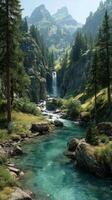 Breathtaking mountain landscape with a serene waterfall cascading into a turquoise river in a lush valley photo