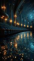 Elegant theater interior with ornate lighting and reflective surfaces creating a magical atmosphere during an evening performance photo