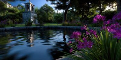 Beautiful garden with a serene pond and blooming flowers during the day photo