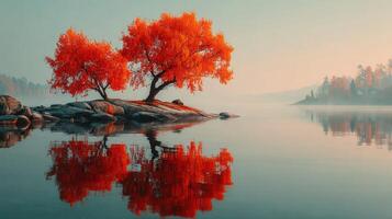 Vibrant red trees reflect in calm water at sunrise in tranquil nature landscape photo