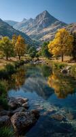 Scenic autumn landscape with reflecting river and mountains in the background during warm daylight photo