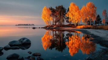 Stunning autumn reflection over calm lake at sunrise with golden trees and tranquil shoreline photo