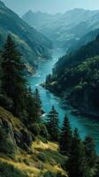Scenic mountain landscape featuring a winding river surrounded by lush forests in the early morning light photo