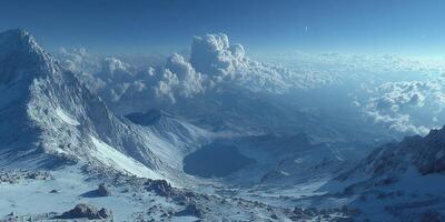 Stunning view of snow-capped mountains and clouds over a tranquil lake during twilight hours photo