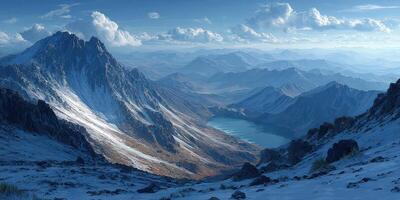 Majestic mountain valley surrounded by snow-capped peaks and a serene lake in the distance at twilight photo