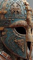 Intricate design of an ancient warrior's helmet displaying ornate craftsmanship and historical significance photo