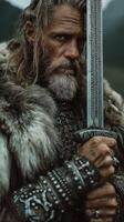 Fierce warrior in fur cloak demonstrates strength and determination with sword in mountainous landscape during cloudy day photo