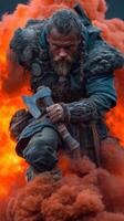 Warrior in battle attire brandishes axe amidst fiery explosion in dramatic action scene photo