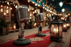 Vintage microphones and lanterns create a nostalgic atmosphere at an outdoor night event in a festive setting photo