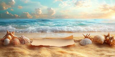 Seashells scattered along a sandy beach with a blank piece of paper and gentle waves during sunset photo