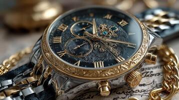 Luxury timepiece displayed on textured background with intricate design details and elegant craftsmanship photo