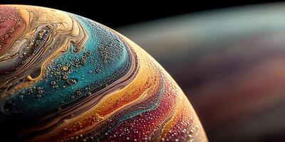Swirling colors and textures of a distant planet captured in a cosmic scene featuring vibrant hues and ethereal patterns photo